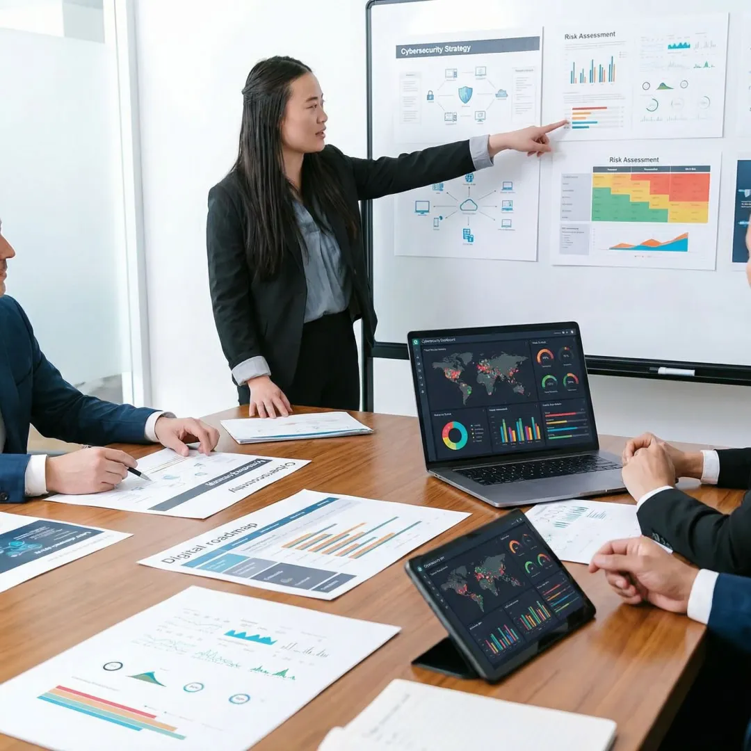 Executive cybersecurity strategy consulting session with board-level roadmap planning