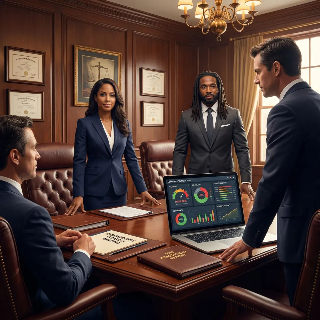 Law firm partners reviewing cybersecurity strategy with CISO advisor