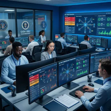 Government agency cybersecurity operations center with analysts monitoring threat dashboards