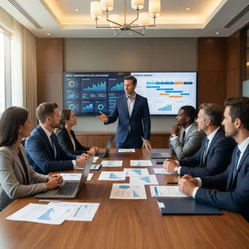 Executive technology advisor presenting strategic roadmap to board members