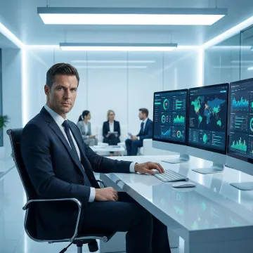 Cybersecurity executive reviewing risk dashboards and strategic security frameworks in modern Austin office