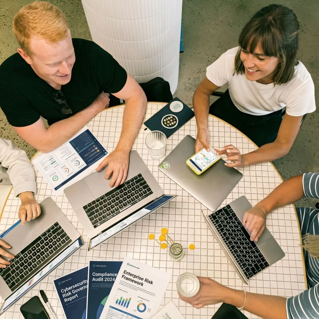 Business executives collaborating on cybersecurity strategy and risk management frameworks