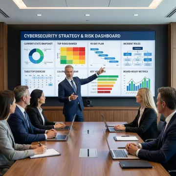 Technology executive presenting risk assessment to board of directors
