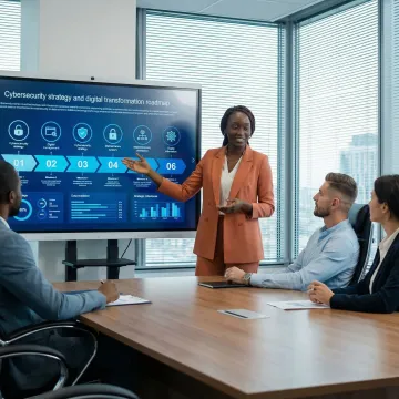 Technology executive presenting strategic roadmap to board of directors