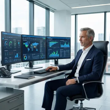 Executive reviewing cybersecurity dashboard with business intelligence displays