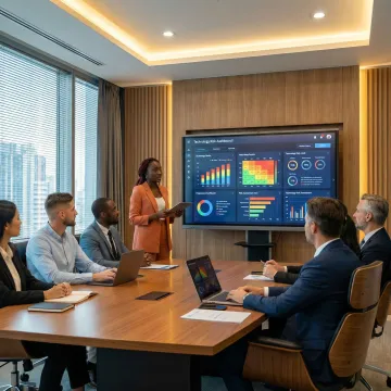 Technology executive presenting cybersecurity strategy to corporate board