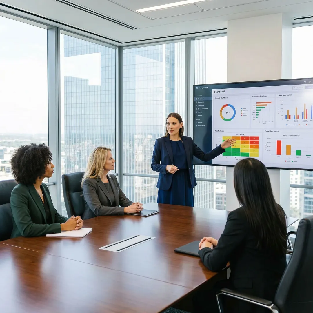 Security executive presenting cybersecurity strategy to board members
