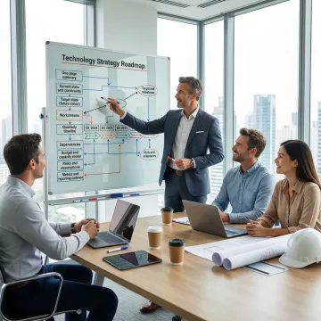 Construction executive and technology advisor reviewing phased implementation roadmap