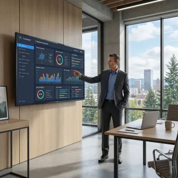 Executive technology leader reviewing digital infrastructure dashboard in modern Portland office
