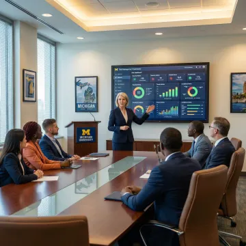 Executive cybersecurity advisor presenting risk dashboard to a corporate board in Michigan