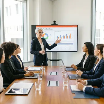 Board advisor presenting cybersecurity risk briefing to executive team in a boardroom