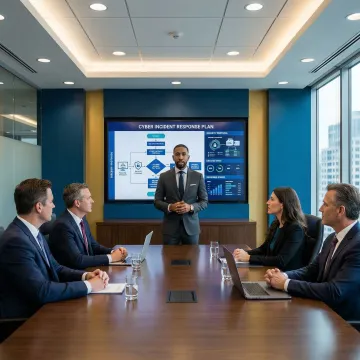 Cybersecurity advisor presenting incident response strategy to executive team in a boardroom