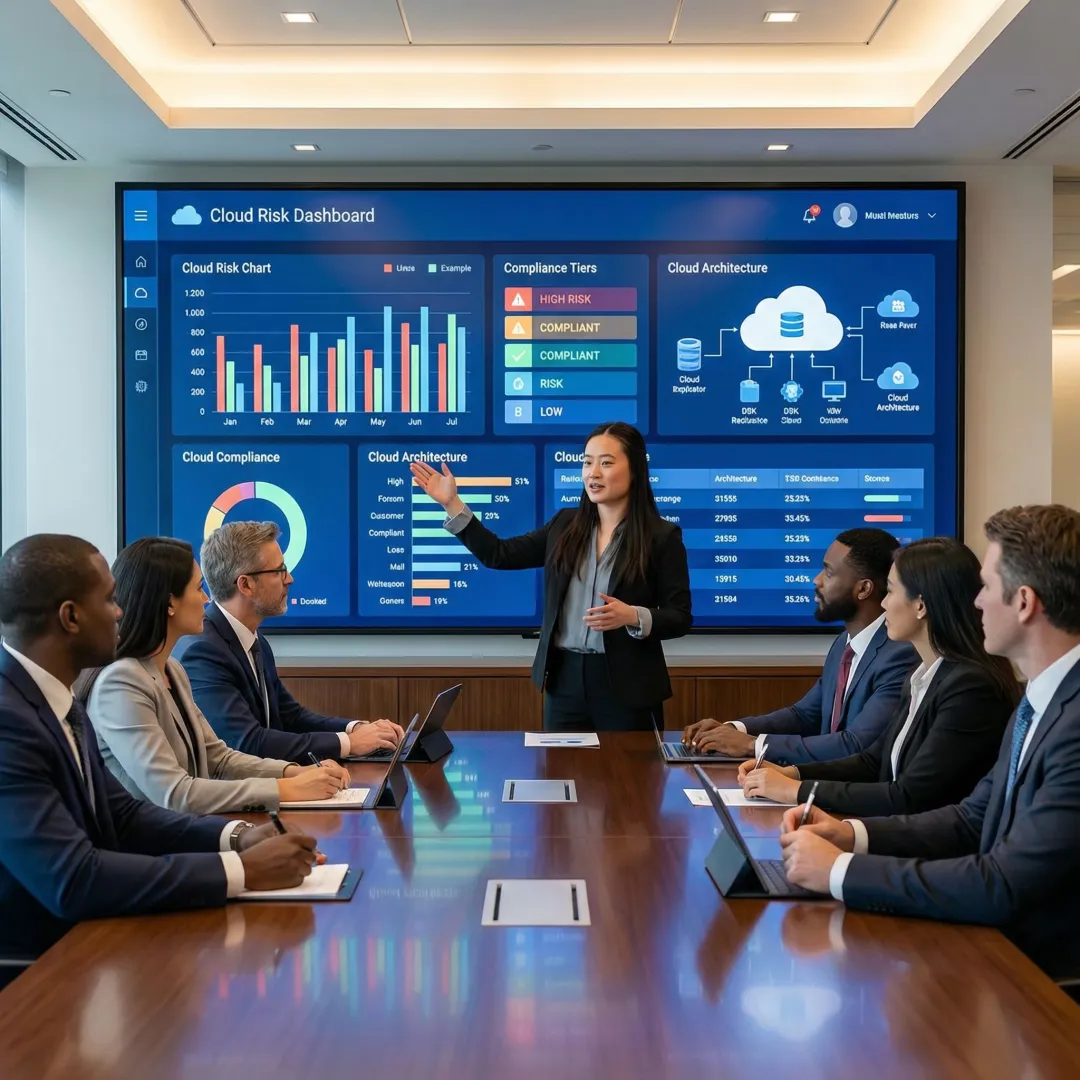 Executive presenting cloud security risk posture to a corporate board in a conference room