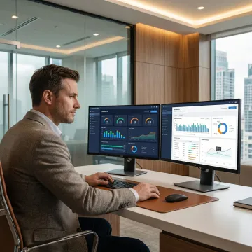Cloud security consultant reviewing risk dashboards on multiple screens in a modern office