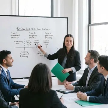 Cybersecurity executive mapping out a 90-day security roadmap with stakeholders