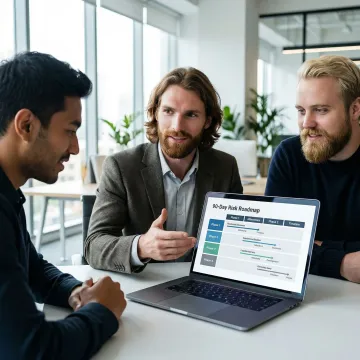 Cybersecurity consultant reviewing a structured risk roadmap on a laptop with an executive team