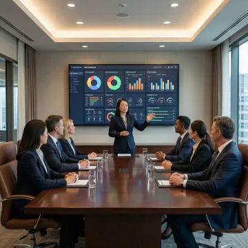 Executive cybersecurity advisor presenting risk dashboard to corporate board members