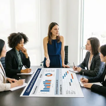 Cybersecurity consultant reviewing risk roadmap with executive team at conference table