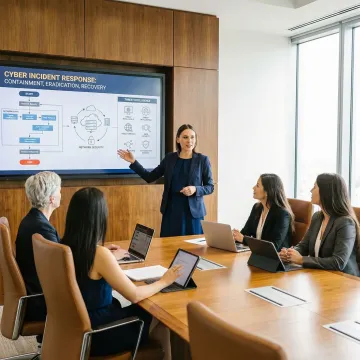 Cybersecurity advisor leading an incident response planning session with an executive team in a modern boardroom