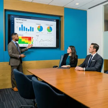 Executive cybersecurity advisor reviewing a risk dashboard with a CEO and general counsel