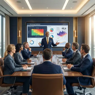 Executive advisor presenting cybersecurity risk strategy to a corporate board in a modern boardroom