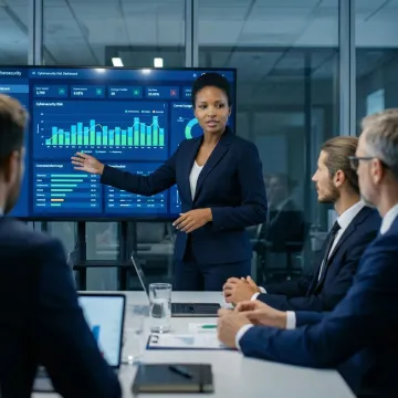 Senior CISO advisor presenting cybersecurity risk report to executive board