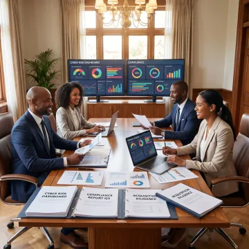 Cyber risk assessment meeting for M&A and compliance