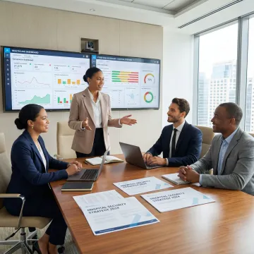 Healthcare cybersecurity advisor reviewing risk dashboards