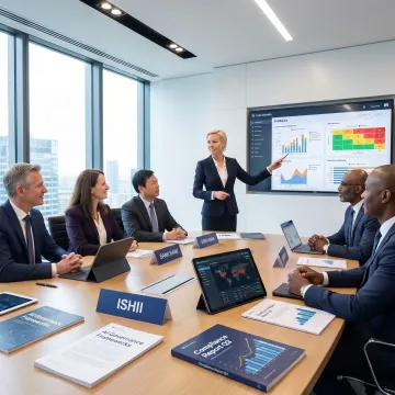 Advisor reviewing governance reports with bank leaders