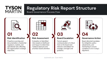 Four-element regulatory risk report structure process flow for board governance
