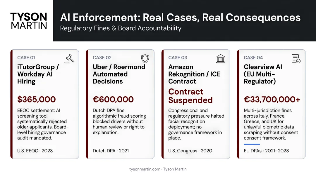 Four real AI enforcement cases with regulatory fines and consequences comparison