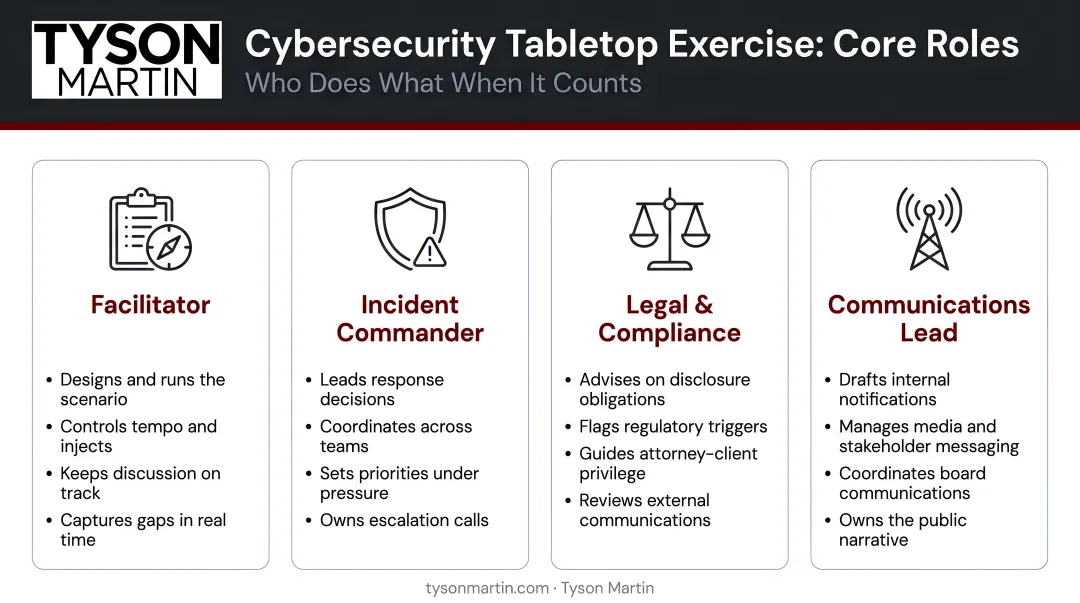 Four core cybersecurity tabletop exercise roles responsibilities and functions explained