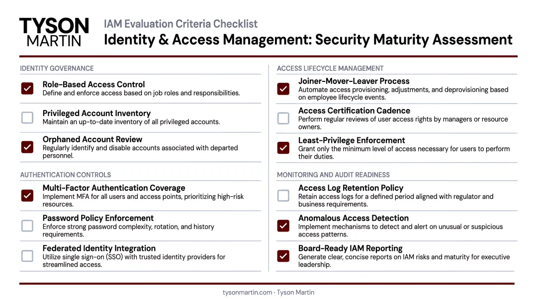 Identity and access management evaluation criteria checklist for security maturity assessment