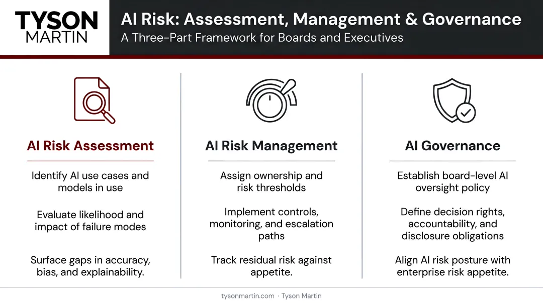 AI risk assessment versus management versus governance three-part framework diagram