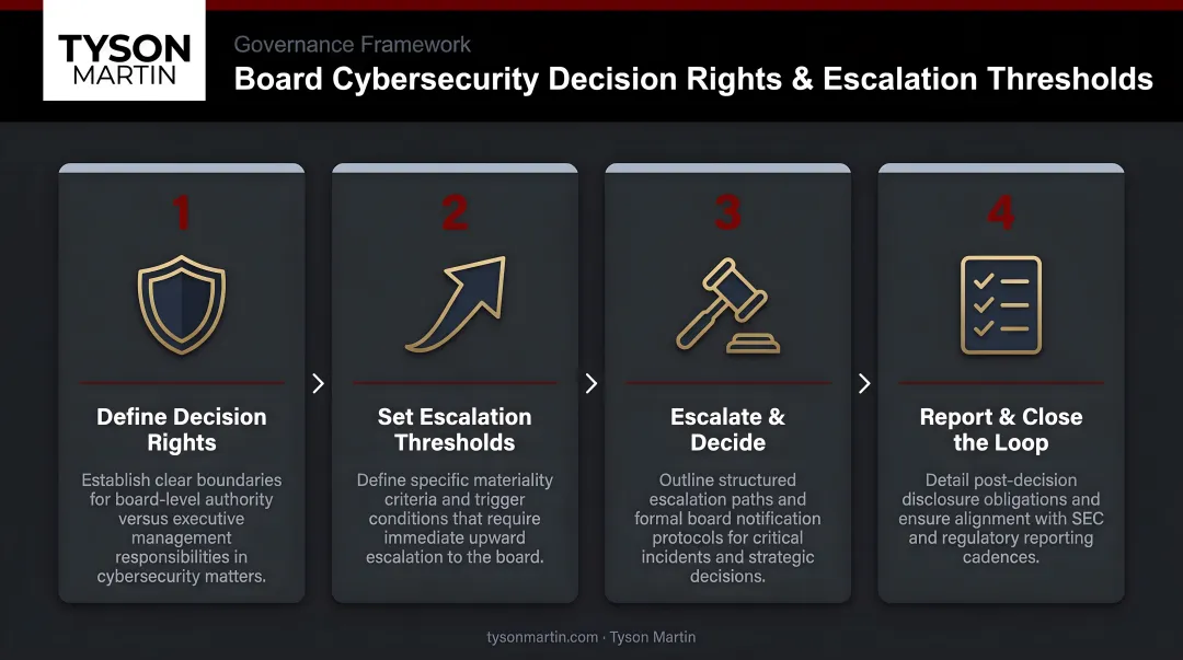 Board cybersecurity decision rights and escalation threshold framework four-step process