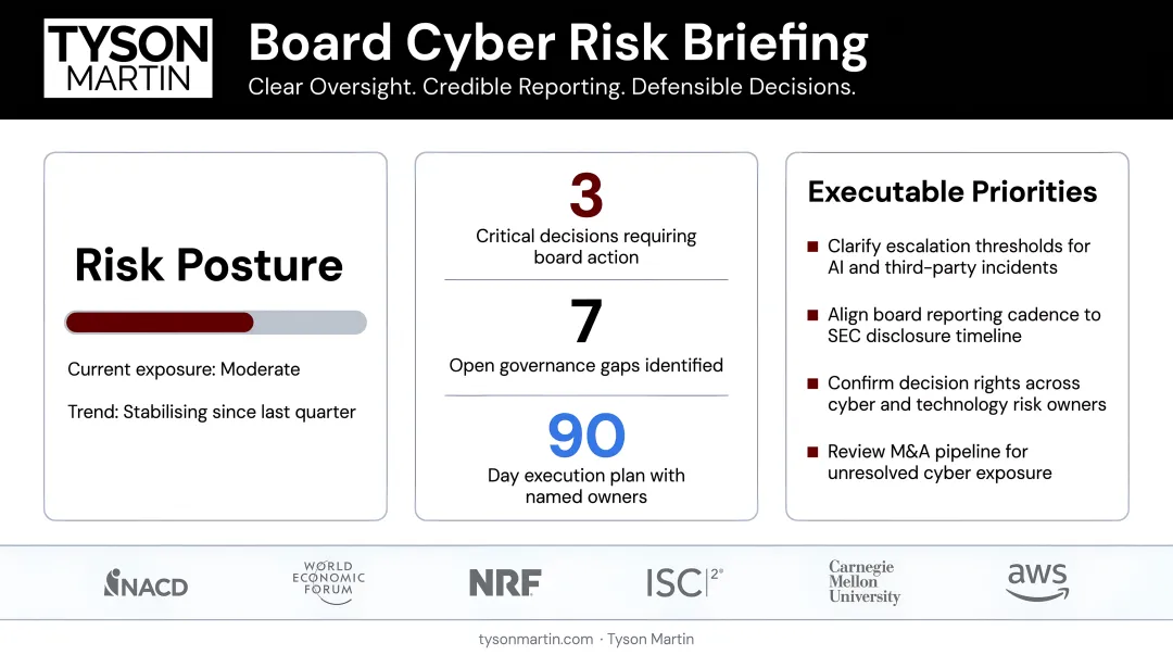 Experienced cybersecurity board advisor presenting risk analysis to executive leadership team