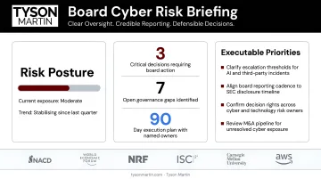 Experienced cybersecurity board advisor presenting risk analysis to executive leadership team