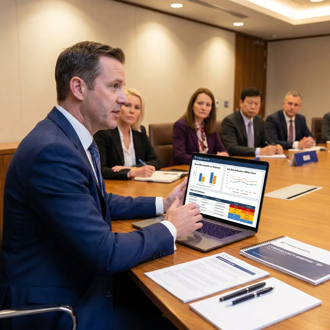 Cybersecurity advisor reviewing board risk dashboard