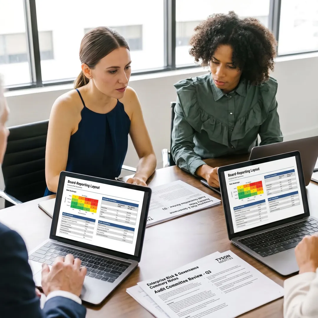 Board directors reviewing enterprise risk management reports