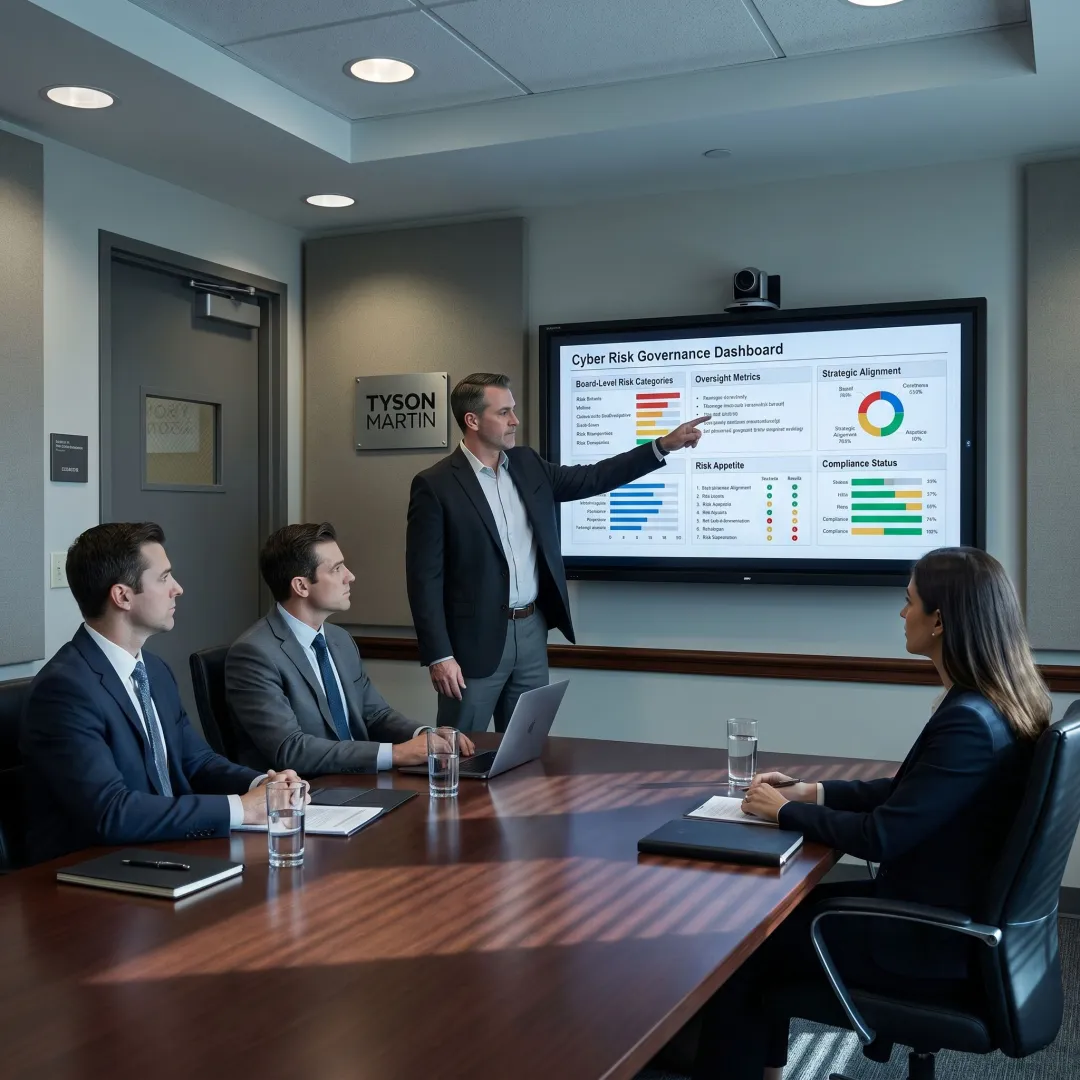 Cybersecurity advisor reviewing risk dashboard with government contractor executives