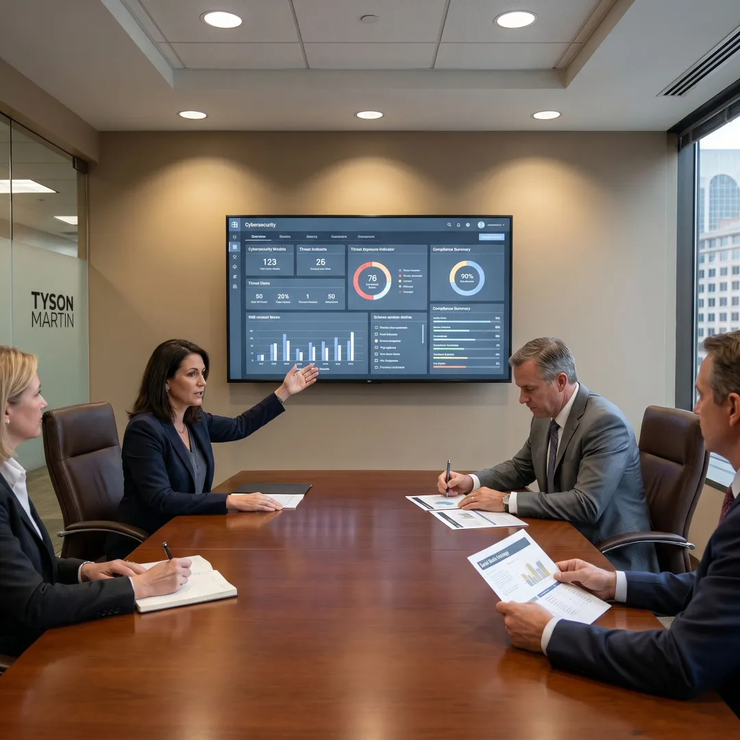 Houston executives reviewing cybersecurity risk dashboard