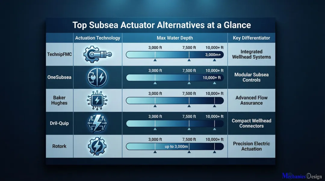 Five Aker subsea actuator alternatives comparison chart by depth rating and technology type
