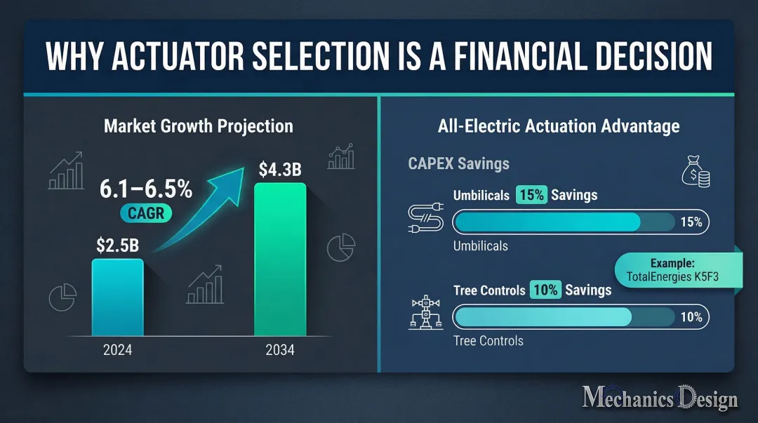 Subsea actuator market growth and all-electric CAPEX savings comparison infographic