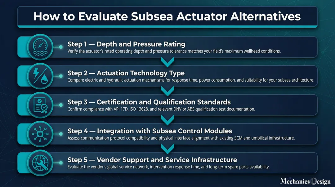 Five-factor subsea actuator evaluation framework process flow decision guide