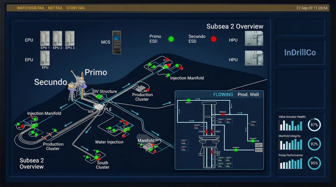 Subsea SCADA digital monitoring platform displaying real-time valve and actuator control data