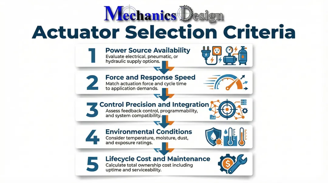 Five-factor control valve actuator selection criteria decision framework infographic