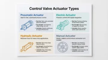 Four control valve actuator types comparison infographic pneumatic electric hydraulic manual