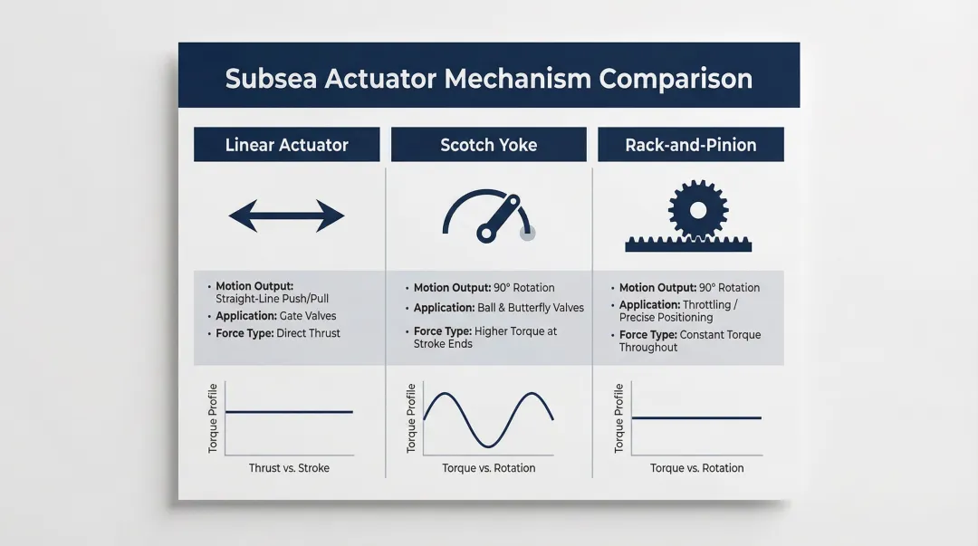Three subsea actuator mechanism types linear scotch yoke and rack-and-pinion comparison