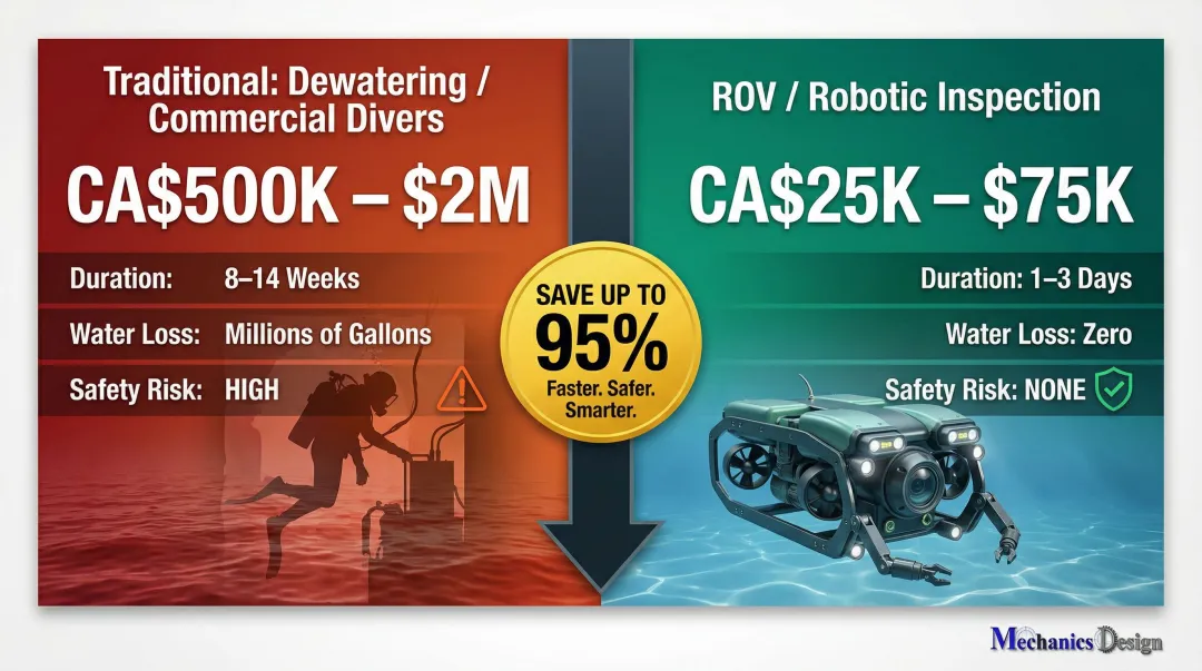 ROV robotic inspection versus manual diver dewatering cost duration and safety comparison infographic