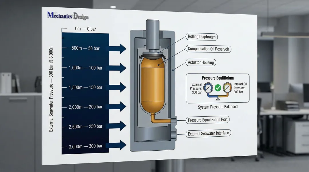 Subsea actuator pressure compensation system diagram showing oil compensator and depth rating